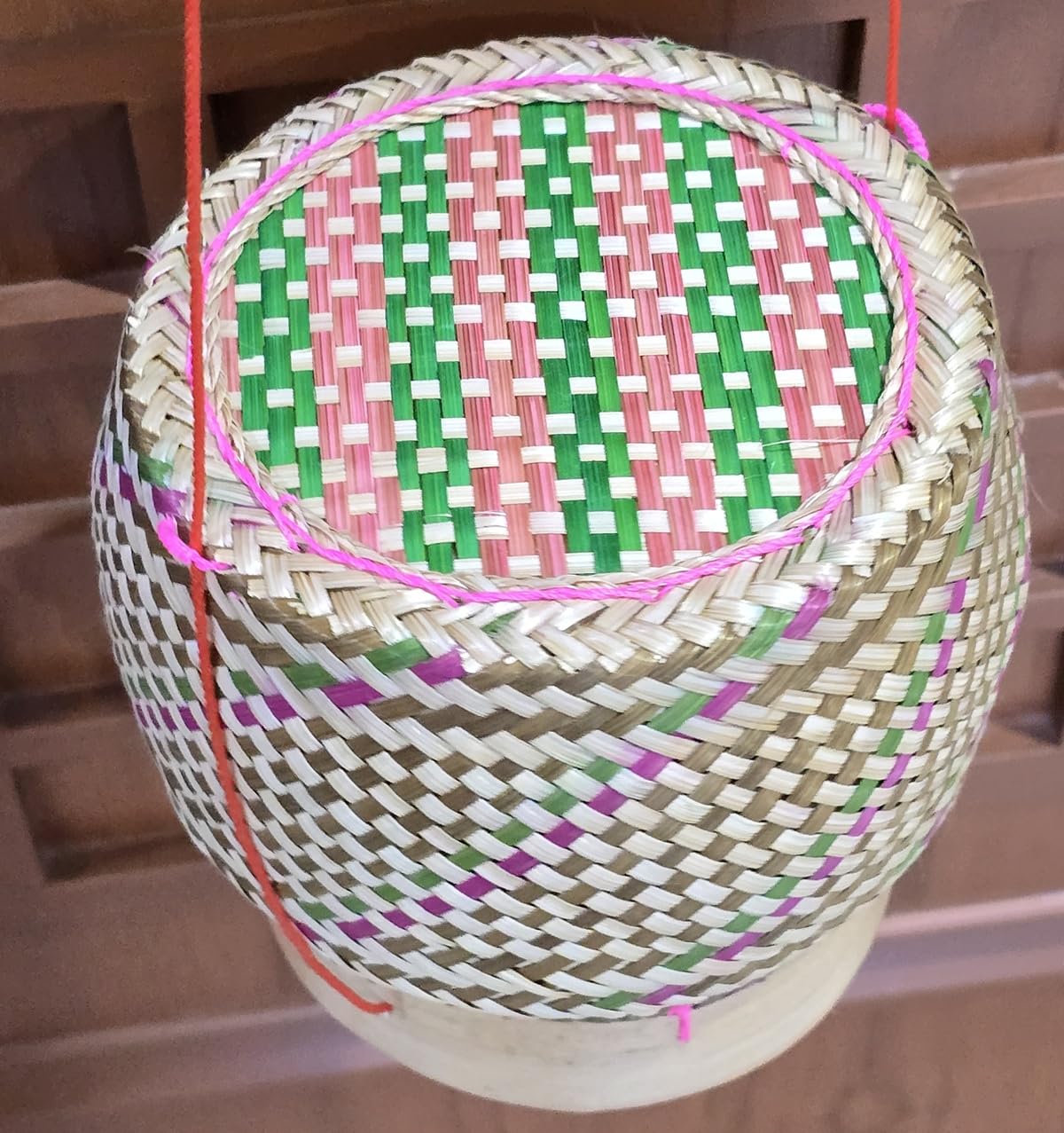 Heavens Tvcz Colorful Bamboo Sticky Rice Basket with Lid & String | 5” Handwoven Thai Lao Rice Container |