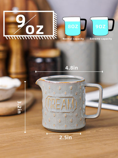 QUXIJA 9 OZ Creamer Pitcher, Ceramic Creamer with Handle, Small Milk Pitcher Cup for Coffee, Sauces, Salad, Microwave & Dishwasher Safe (Vintage Grey)