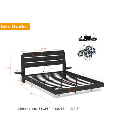 KEIKI Queen Size Floating Bed w/Storage Headboard & Tabletop, Farmhouse Wood Platform Beds Frame w/Light & Charging Station, Solid Bedframe Queen, No Box Springs Needed, Easy Assembly, Black