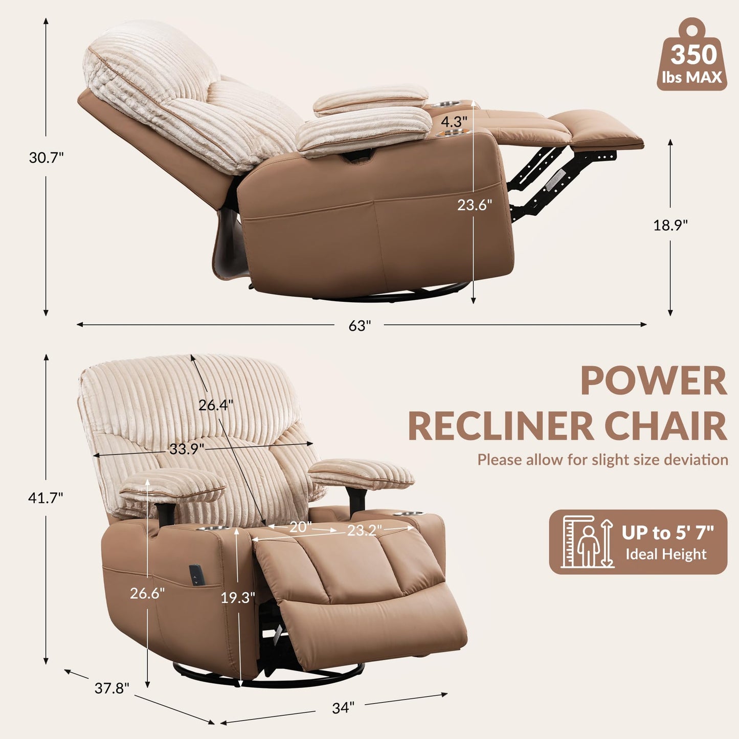 GRAINELL Rocking Chair Nursery, Electric Swivel Recliner Glider with Adjustable Armrests, Nursing Chair with USB Charger, Cup & Blanket Holders, Brown Corduroy & PU Leather