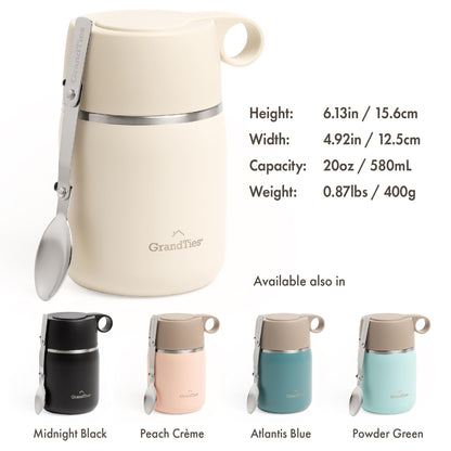 GRANDTIES Insulated Food Jar, 20 oz Wide Mouth Thermo BPA Free Stainless Steel Container for Hot Food with Carry Handle Bowl Cap & Foldable Spoon, Leakproof for Lunch To Go Meals (Ivory White)