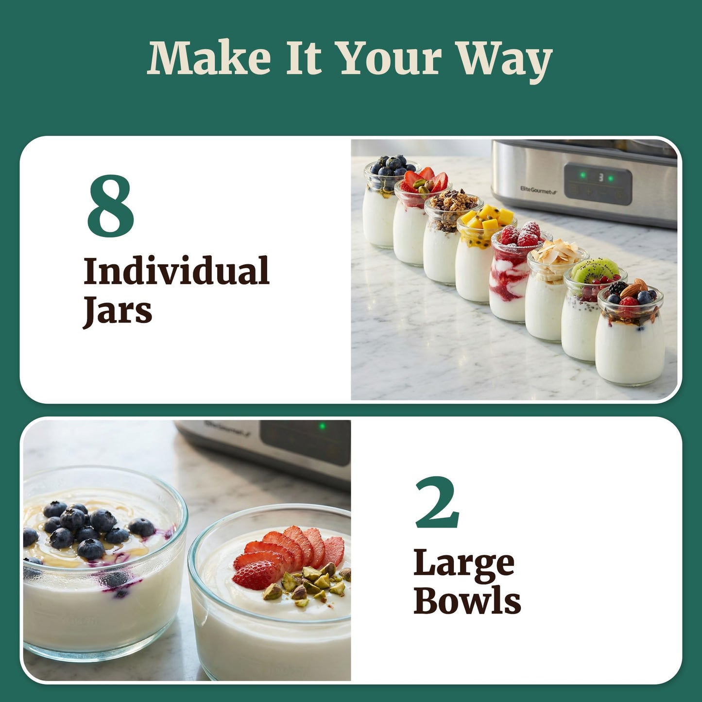 Elite Gourmet ProBioticPRO™ Digital Yogurt Maker, Programmable Temp & Time Control (68–127°F), Includes 8 Glass Jars (6 oz) + 2 Large 1-Qt Bowls, Stainless Steel, Auto Shut-Off