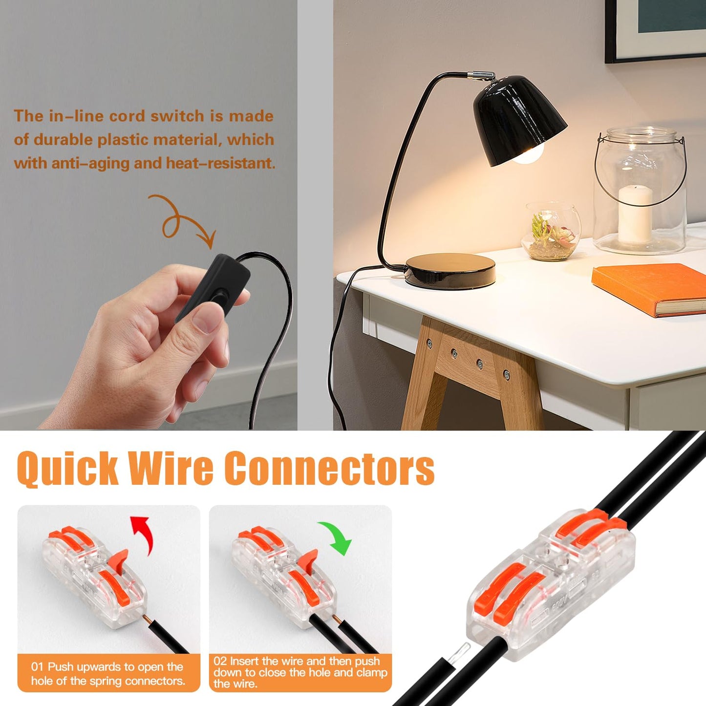 Asjeumt 2Pcs 8FT Lamp Cord with Switch Replacement Lamp Cord Switch Set with Plug 2 Polarized Black 18 AWG SPT-2 Wire ON OFF Button Switches 8 Feet DIY Rewiring Repairing Wiring Electrical Light Cords