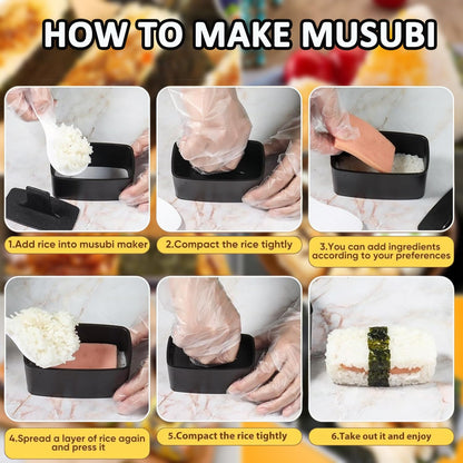 Onigiri Mold Set - 12pcs Spam Musubi Maker Press Rice Ball Mold Sushi Rolling Mat Sushi Making Kit with 50pcs Onigiri Wrappers and Stickers for Lunch Bento and Home DIY
