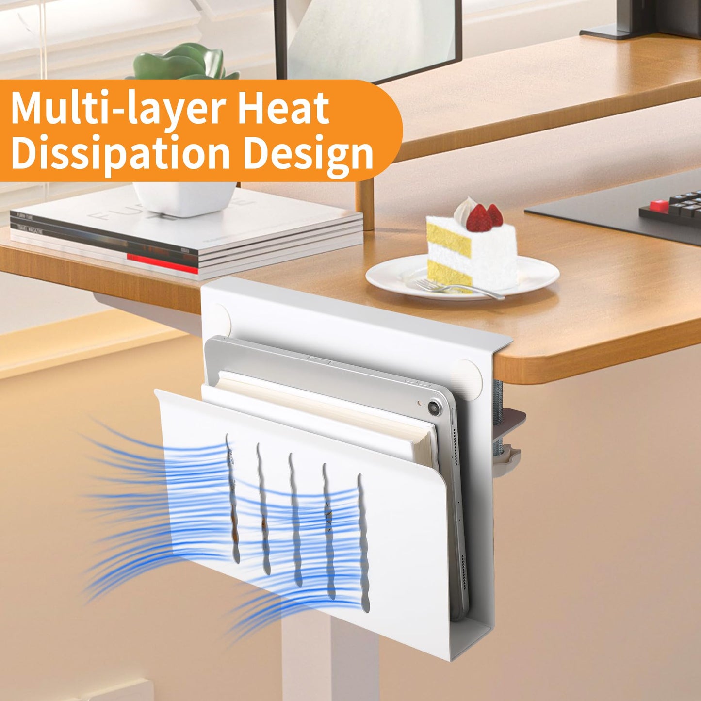 Desk Side Storage Under Desk Laptop Holder, No Drill Hanging Desk Organizer with Pen Holder, Clamp-On Table Side Tray Desktop Organization Mount for Office and Home (White)