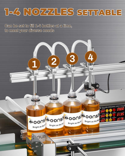 Moonshan 4-Nozzle Automatic Liquid Filling Machine Line 1-30 Ounce Bottle Filling Machine Bottle Filler with 35 Inch Belt Conveyor Desktop Version for Juice Wine Detergent