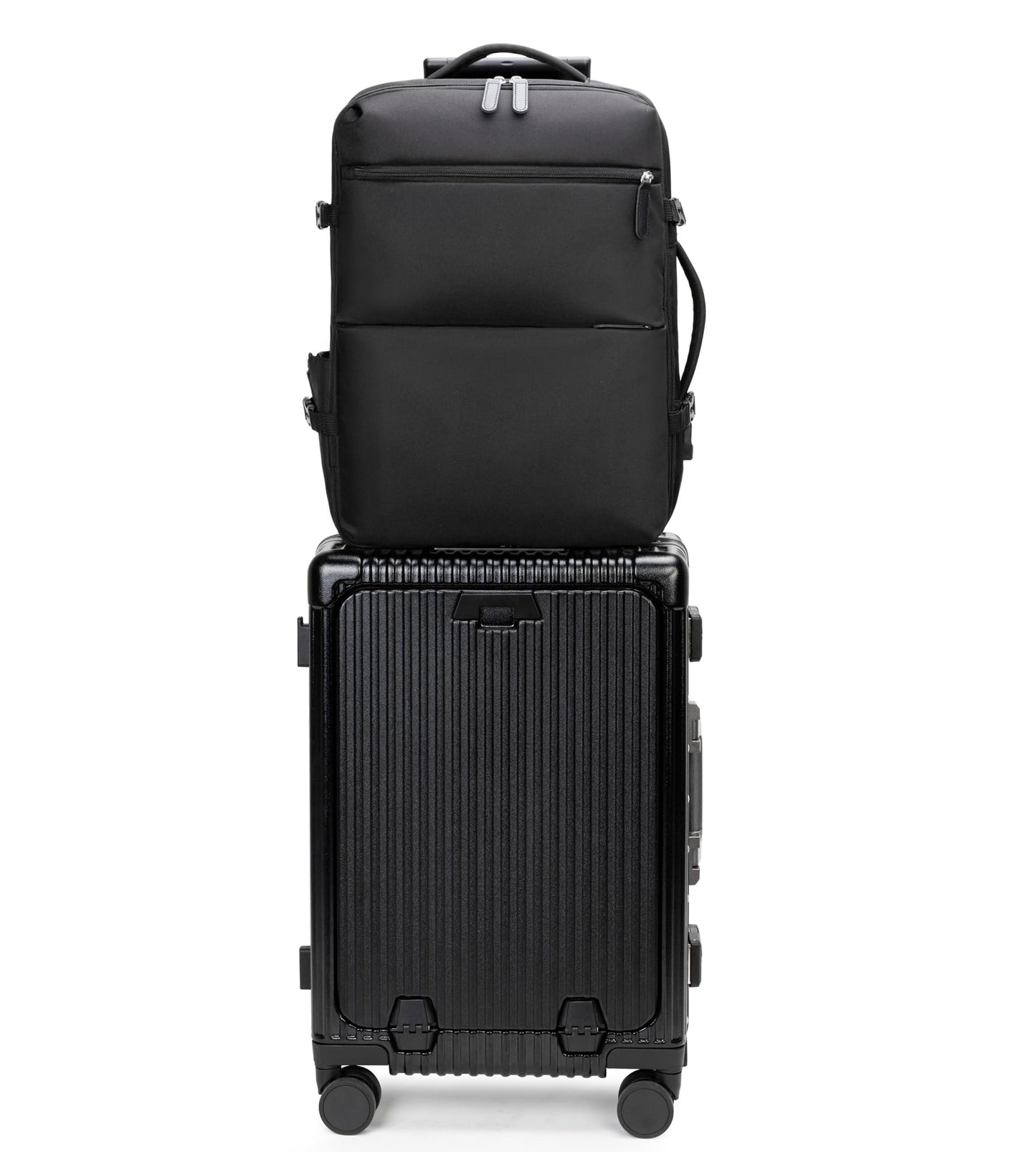 feilario 2 Piece Set Aluminium Frame PC Hard Shell Spinner Wheels Luggage,22.5"X15"X9.5" Airline Approved Built-In TSA lock Carry on Suitcase, with Cup Holder, USB Port, Phone Holder
