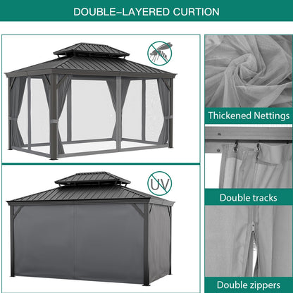 GAOMON Heavy Duty Aluminum Hardtop Gazebo with Double Metal Roof – Mosquito Netting & Privacy Curtains – Permanent Outdoor Pavilion for Patio, Garden, Deck, Backyard – Black Spray, Gray Cloth, 12x18FT