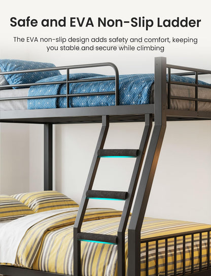 Mixcous Twin XL Over Queen Bunk Bed, Heavy Duty Queen Bunk Bed for Adults, Metal Bed Frame with Full-Length Guardrails & EVA Padded Anti-Slip Ladder, No Box Spring Needed, Black
