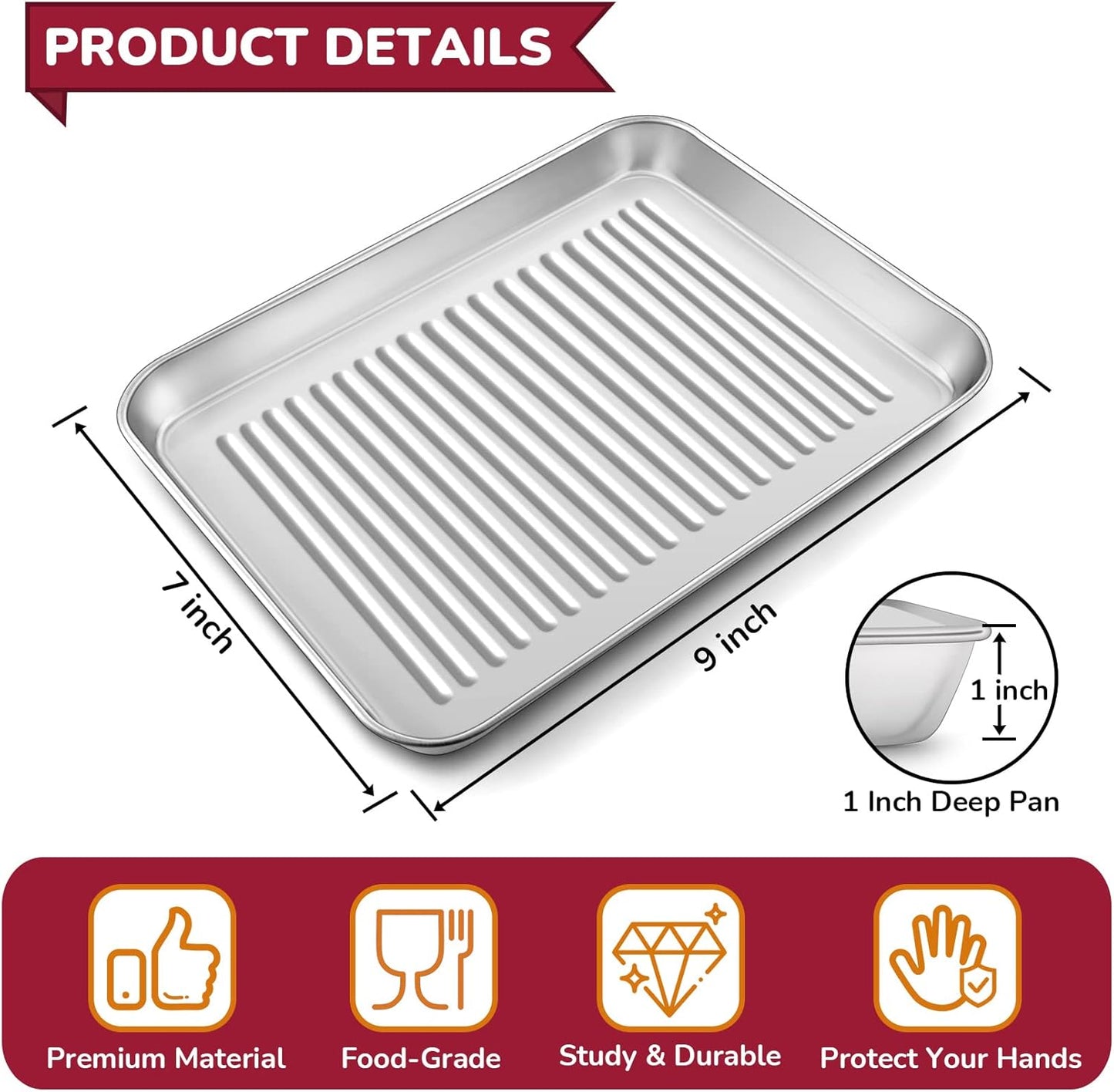 P&P CHEF Mini Toaster Oven Pan Set of 2, 9 x 7 x 1 Inch Stainless Steel Small Baking Cookie Pan for Cooking & Roasting