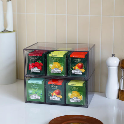 CLUQMEIK 2 Large Acrylic Tea Bag Organizer, 9 Grids Tea Organizers and Storage with Acrylic Drawers Stackable, Teabag Holder Organizer for Counter Countertop Kitchen Cabinet