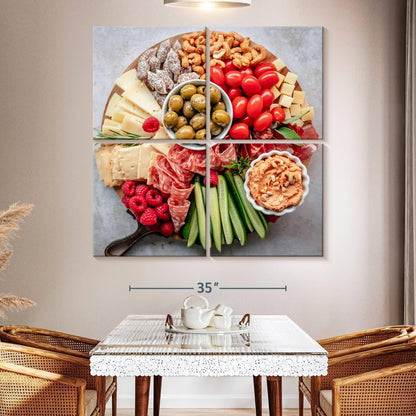 ElephantStock - Charcuterie Board Wall Art - Square Multi Panel Canvas - 4 Piece Dining Room Wall Decor - Photography Food And Drink Multi Piece Wall Art - Brown And Gray Decor - 50" x 50"