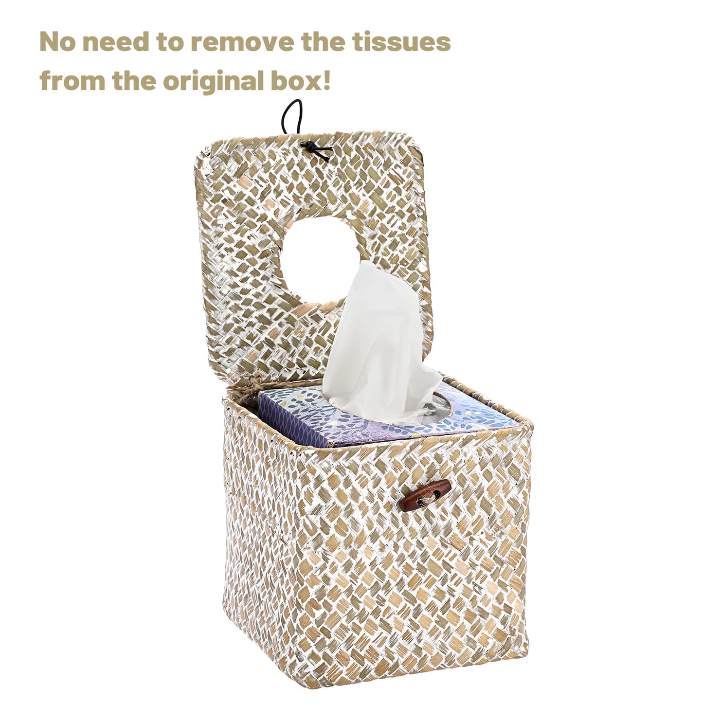 Sumnacon Tissue Box Cover Square Seagrass Tissue Box with Lid, Woven Tissue Box Holder Rustic Cube Tissue Cover for Bathroom Toilet Bedroom Living Room Kitchen Table Desk Office Car, Whitewash
