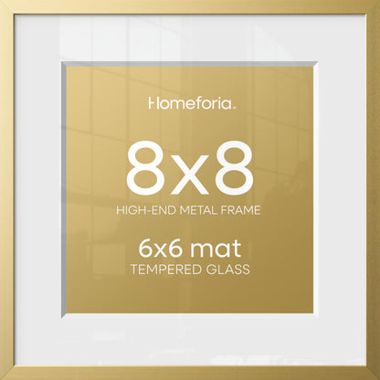 Homeforia 8x8 Picture Frame Gold, High End Metal 8 x 8 Square Photo Frames with Mat 6 by 6, 8x8 Poster Frame Matted to 6x6 inches Print, 8by8 Wall or Tabletop Frame, Tempered Glass, Wall Kit, Set of 1