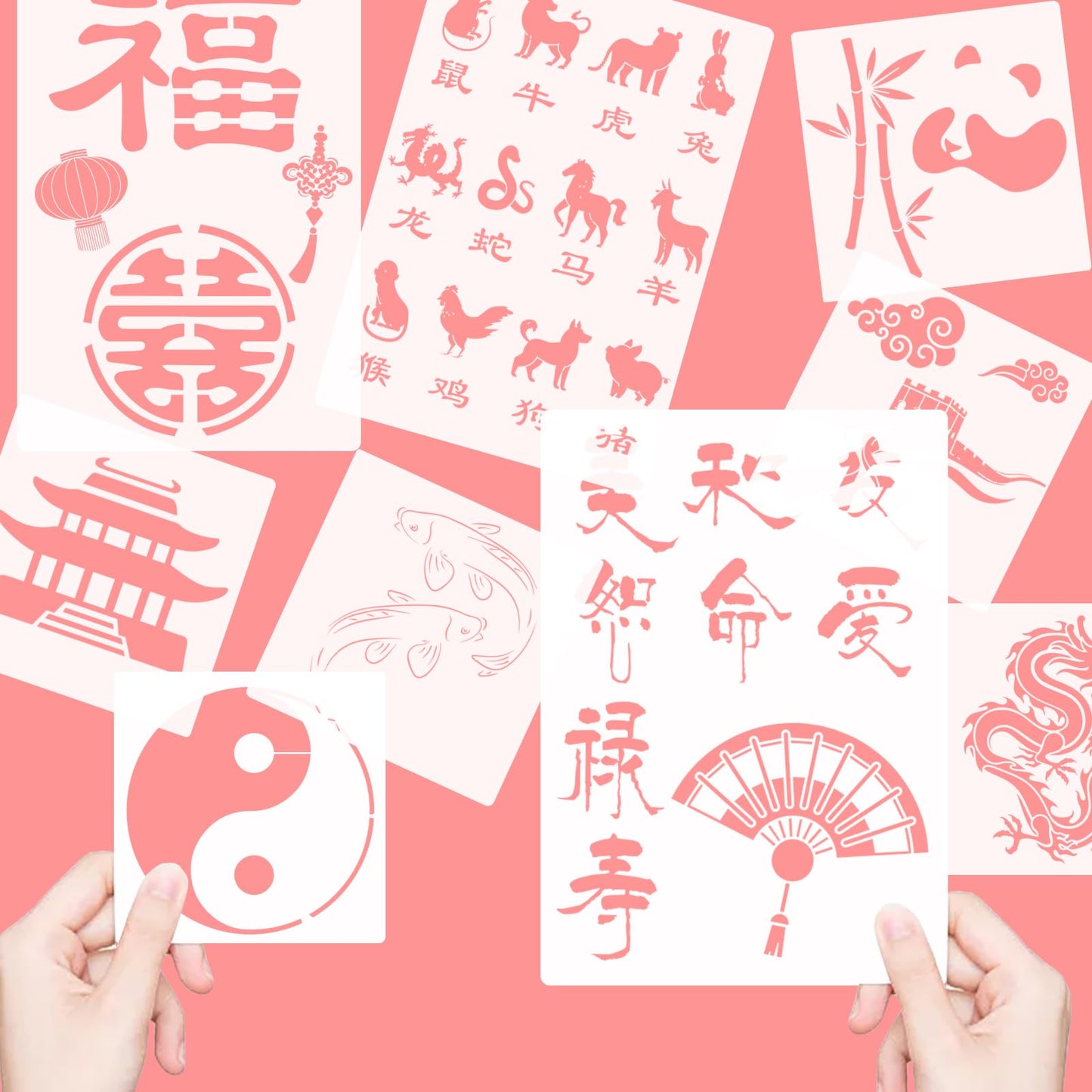 9 Pieces Chinese Stencil Set, Chinese FU Characters Stencil,Double Happiness Dragon The Great Wall Stencils Zodiac Painting Stencils for Painting on Wall Tile Wood DIY Art Home Decor,8.3 x 11.8 inch