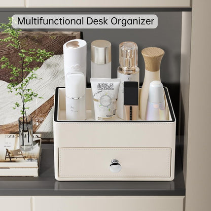 MEIBOOCH PU Leather Desk Organizer with Drawer, Multifunctional Nightstand Organizer, Waterproof Makeup Organizer for Vanity Bathroom Countertop Bedside Table (Beige)