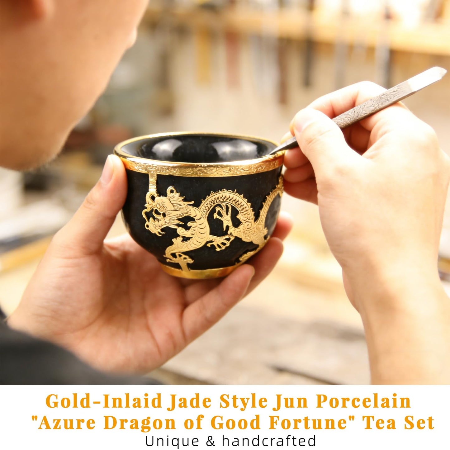 CKHNX Jun Porcelain Gold-Inlaid Tea Set, Zen Style, Includes Teapot and 6 Cups, Premium Gift Box, for Business, Festivals and Birthdays