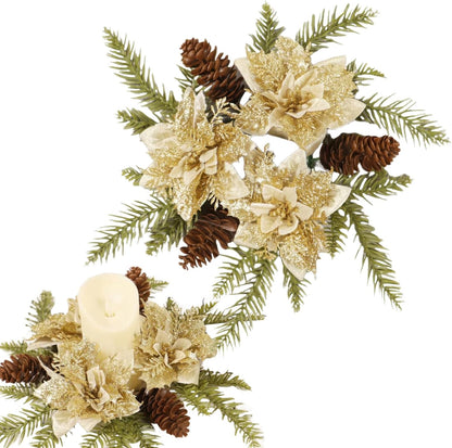 Regine Switzerland Christmas Candle Ring - Gold Glitter Poinsettia & Pinecone Garland | Holiday Table Decor