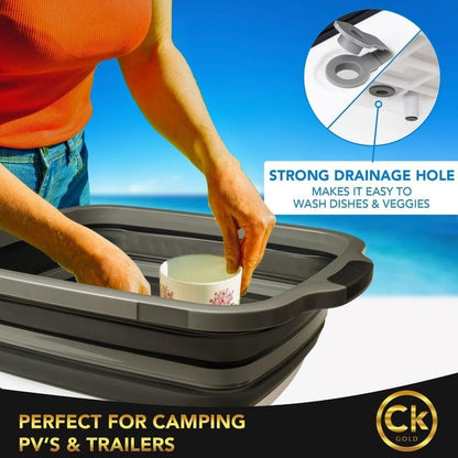 CK GOLD New XL Collapsible BBQ Prep Tub with LOCKING Lid, Cutting Board & Drain Hole | BPA-Free, Food-Grade, Space-Saving Marinating Container for Grilling, Kitchen & Outdoor Cooking (Black, 30 L)