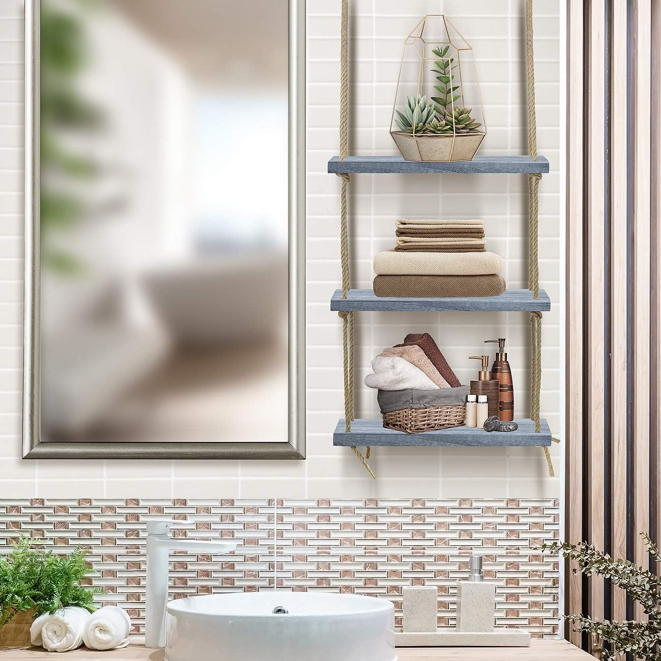 Sorbus 3-Tier Rustic Wood Hanging Shelf, Wood Swing Storage Shelves Rope Organizer Rack, Floating Display Shelves (Grey)