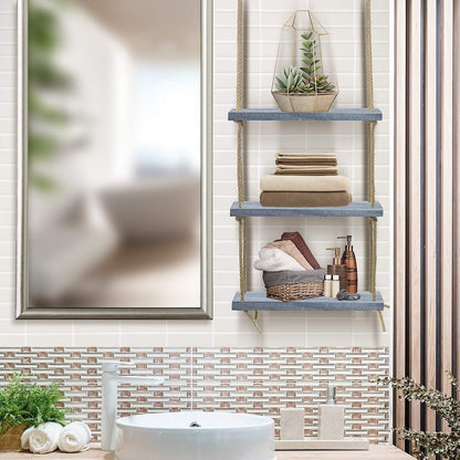 Sorbus 3-Tier Rustic Wood Hanging Shelf, Wood Swing Storage Shelves Rope Organizer Rack, Floating Display Shelves (Grey)