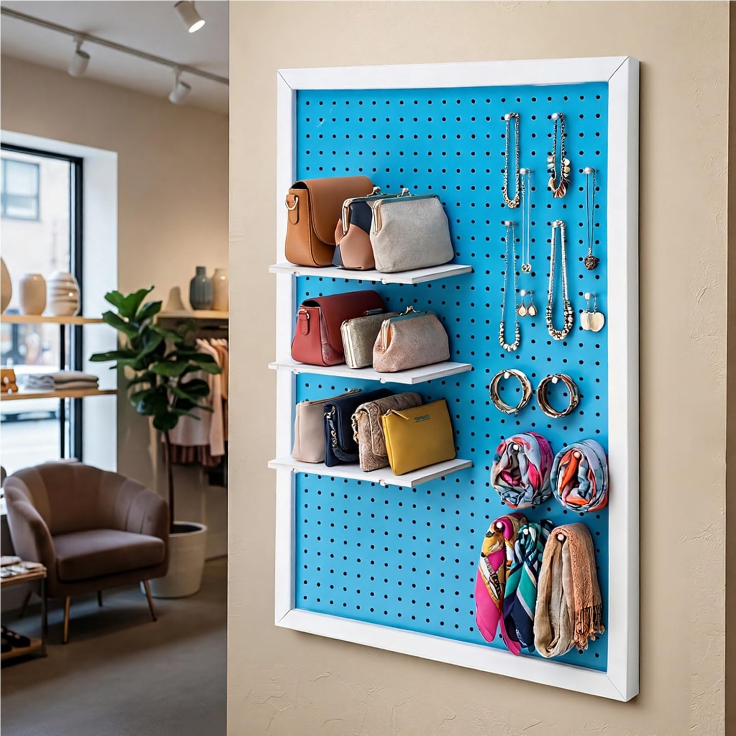 Weysat 36 x 24 Inch Decorative Wood Pegboard Wall Organizer with Frame Large Display Board Kit with 3 Shelves 18 Nails Aesthetic Board Wall Organizer Craft for Room, Office, Sewing (Blue)