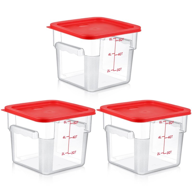 Ziliny 3 Sets 6 Qt Square Food Storage Containers with Lids Dough Proofing Bucket Commercial Polycarbonate Containers with Scale Clear Airtight Cereal for Pantry Home Restaurant (Red)