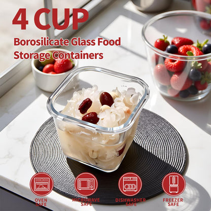 H.JSS WDJS 4 Cup Square Glass Food Storage Container with Lids, Square Glass Soup Container with Airtight Lids, 32 OZ Food Prep Bowls for Leftovers, Salad, Microwave、Fridge、Dishwasher Safe (4 Pack)