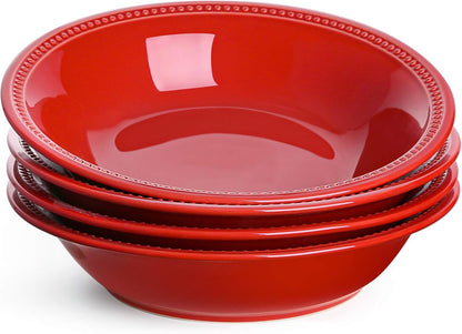 26 Set 9 Inch, Set 4, LE TAUCI Ounce Beaded Pasta Bowls, Ceramic Bowl for Cereal, Salad, of Red