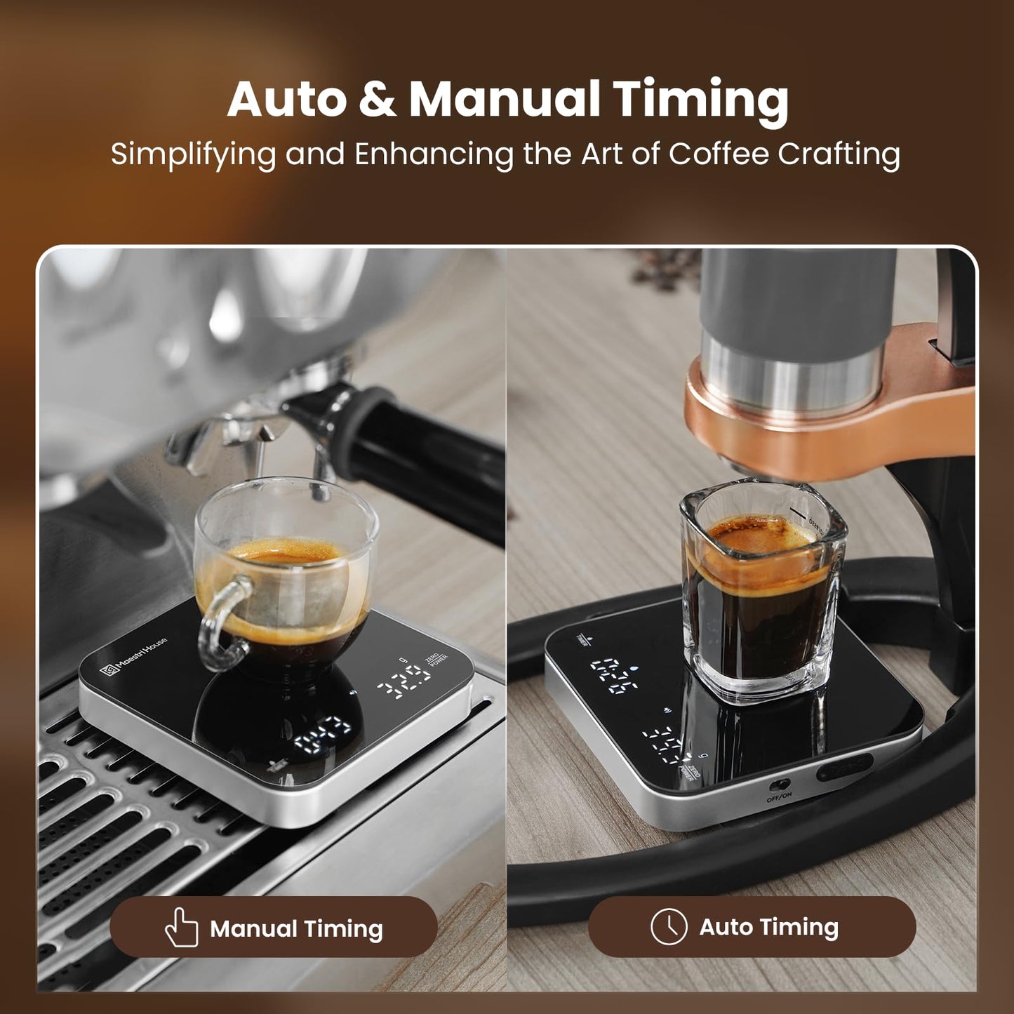 Maestri House Mini Coffee Scale with Timer, USB-C Rechargeable Espresso Scale, 2kg/0.1g Accurate Scale for Espresso and Pour-Over Coffee, Portable Digital Kitchen Scale with Auto Timer (Black&Silver)