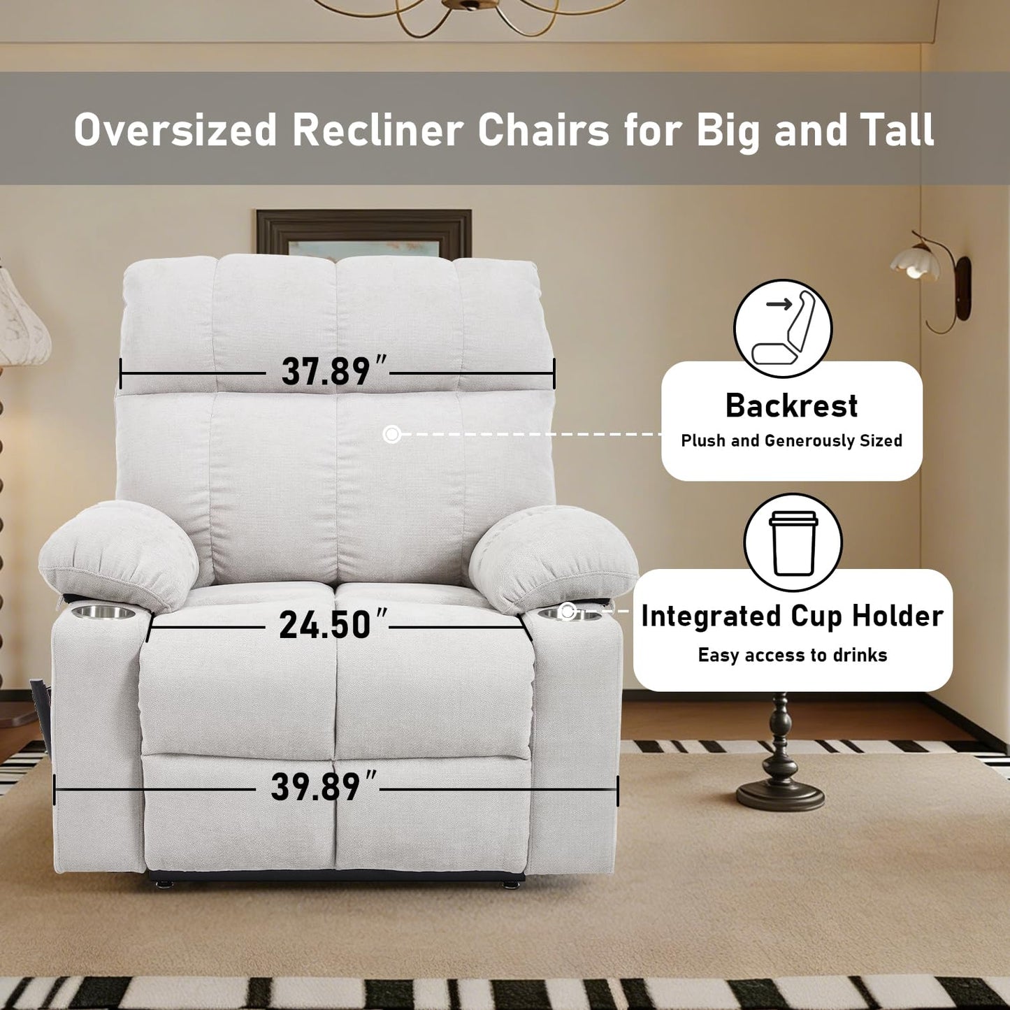 RHHVVR Oversized Recliner Electric Lift Chair, Power Lift Recliner for Big and Tall, 180° Lay-Flat and Assisted Standing, Extra Large Sofa with 8-Point Massage & Heating, Medium-Soft, White