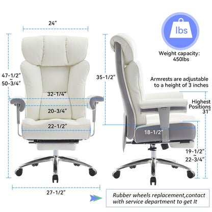 Efomao Big and Tall Office Chair 400lbs - Heavy Duty Executive Desk Chair with Foot Rest & 23" Wide Seat - High Back Ergonomic Leather Computer Chair for Heavy People, Home Office, White