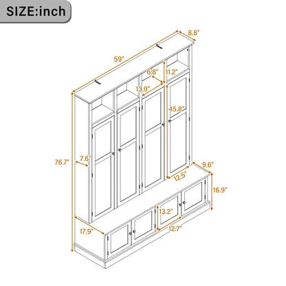 Hall Tree with Bench and Shoe Storage, Entryway Coat Rack with Cabinet, 4-in-1 Mudroom Bench with Hooks and Open Cubbies, Clothes Rack for Hanging Closet, Entryway Organizer for Hallway Living Room,A1