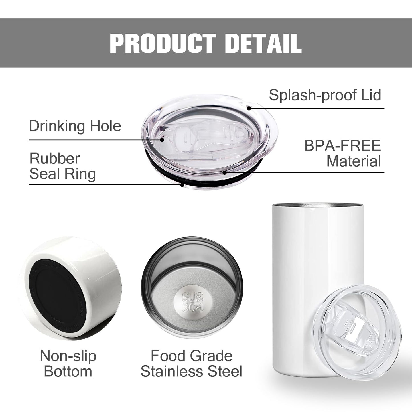 BetterSub 6 Pcs 15 oz Double Wall Insulated Stainless Steel Sublimation Blanks Tumblers White with Lid, Metal Straw, Brush, Display Box for Home, Travel