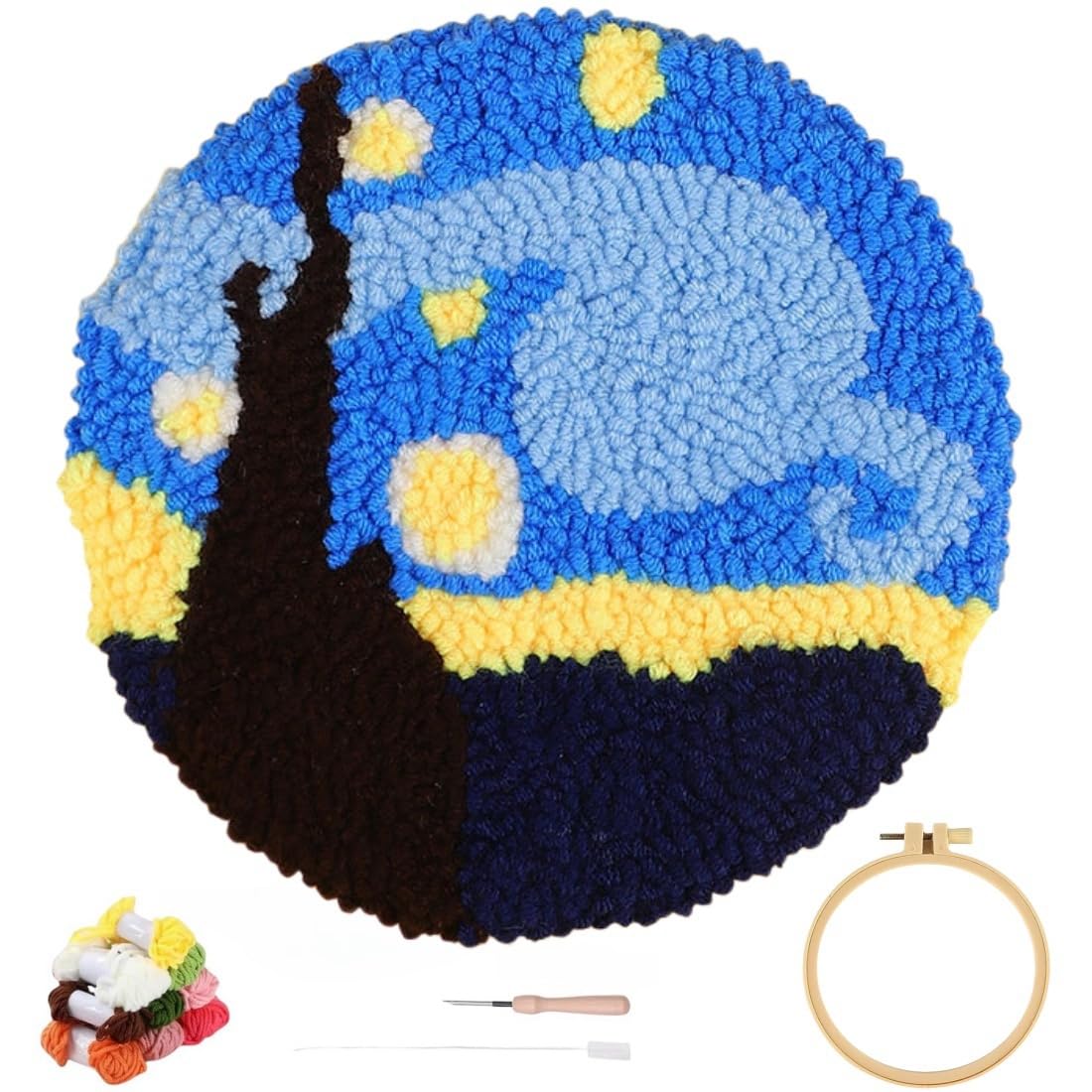 YEESAM Art Punch Needle Kit with The Starry Night Patterns, Full Set DIY Punch Needle Tufting Coaster Yarn Rug Embroidery Set with Hoop Tool, Easy Craft for Adults Beginners