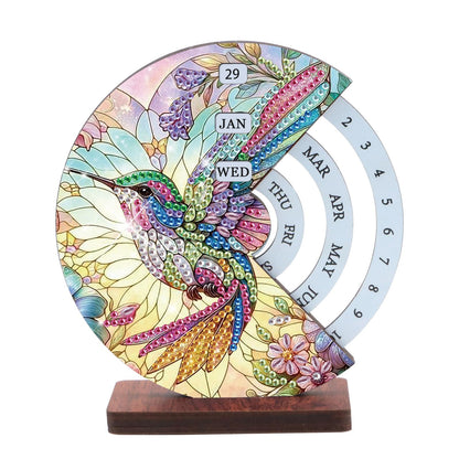 MVVMTOP Diamond Painting Wooden Rotating Calendar Kit, Hummingbird Design Special Shape Diamond Art Handicraft Kit, Rotating Day Month Week and Reusable Calendars, Ideal for Desk Decor & Gift