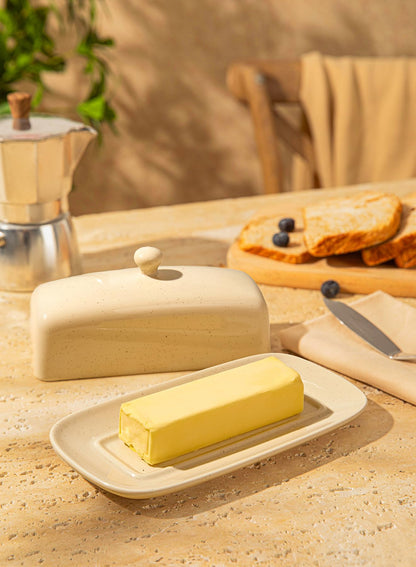 Sweese Butter Dish with Lid, Porcelain Butter Keeper, 7.8 Inch Butter Holder with Handle Cover, Butter Container Perfect for East West Coast Butter, Beige