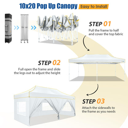 HOTEEL 10x20 Heavy Duty Pop up Canopy Tent with 6 Sidewalls, Easy Setup Outdoor Commercial Instant Gazebo for Parties Wedding Event, with Roller Bag & Sand Bags, White(Hexagonal Frame)