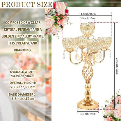 Elegant 5-Arm Candelabra Centerpiece - 23.6 Inch Tall with Crystal Pendants for Weddings & Home Decor