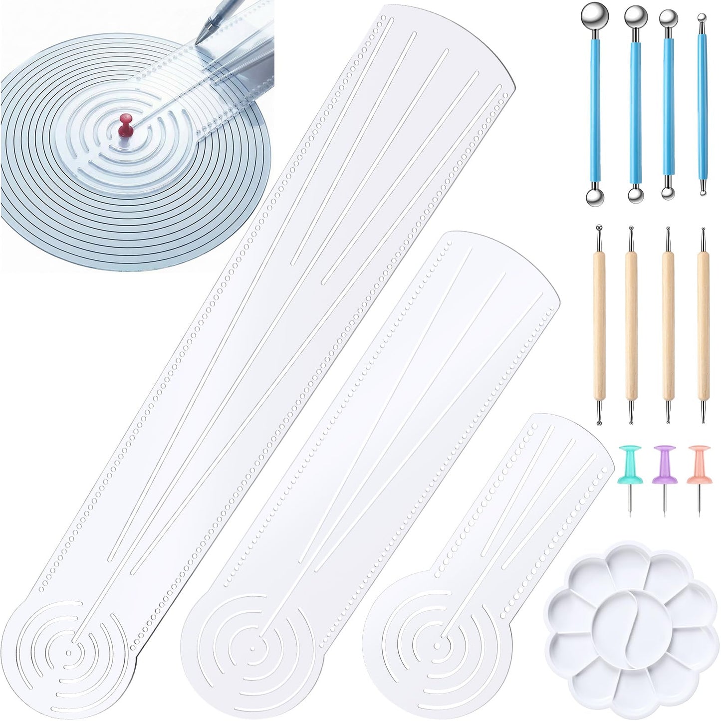 FunooFuno 17 Pcs Mandala Dot Painting Tool Kit 3-in-1 Mandala Ruler with Holes 3 Thumb Tacks 10 Ball Stylus Flower Paint Palette for DIY Rock Painting Clay Modeling Drawing and Drafting