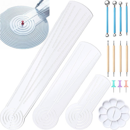 FunooFuno 17 Pcs Mandala Dot Painting Tool Kit 3-in-1 Mandala Ruler with Holes 3 Thumb Tacks 10 Ball Stylus Flower Paint Palette for DIY Rock Painting Clay Modeling Drawing and Drafting