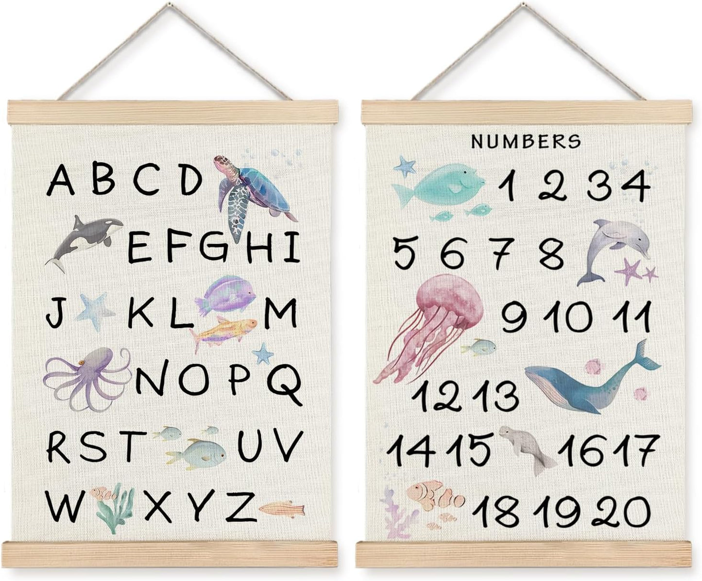 123 12x16 Set 2 Supwhd Ocean Nursery Decor, Alphabet Numbers Ocean Animals Poster Hanger Frame, Sea Animals ABC