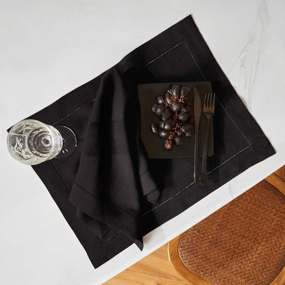 Solino Home Linen Cloth Placemats Set of 6-100% Pure Linen Hemstitch Black Placemats 14 x 19 Inch - Sonoma Hemstitch Table Place Mats for Mothers Day