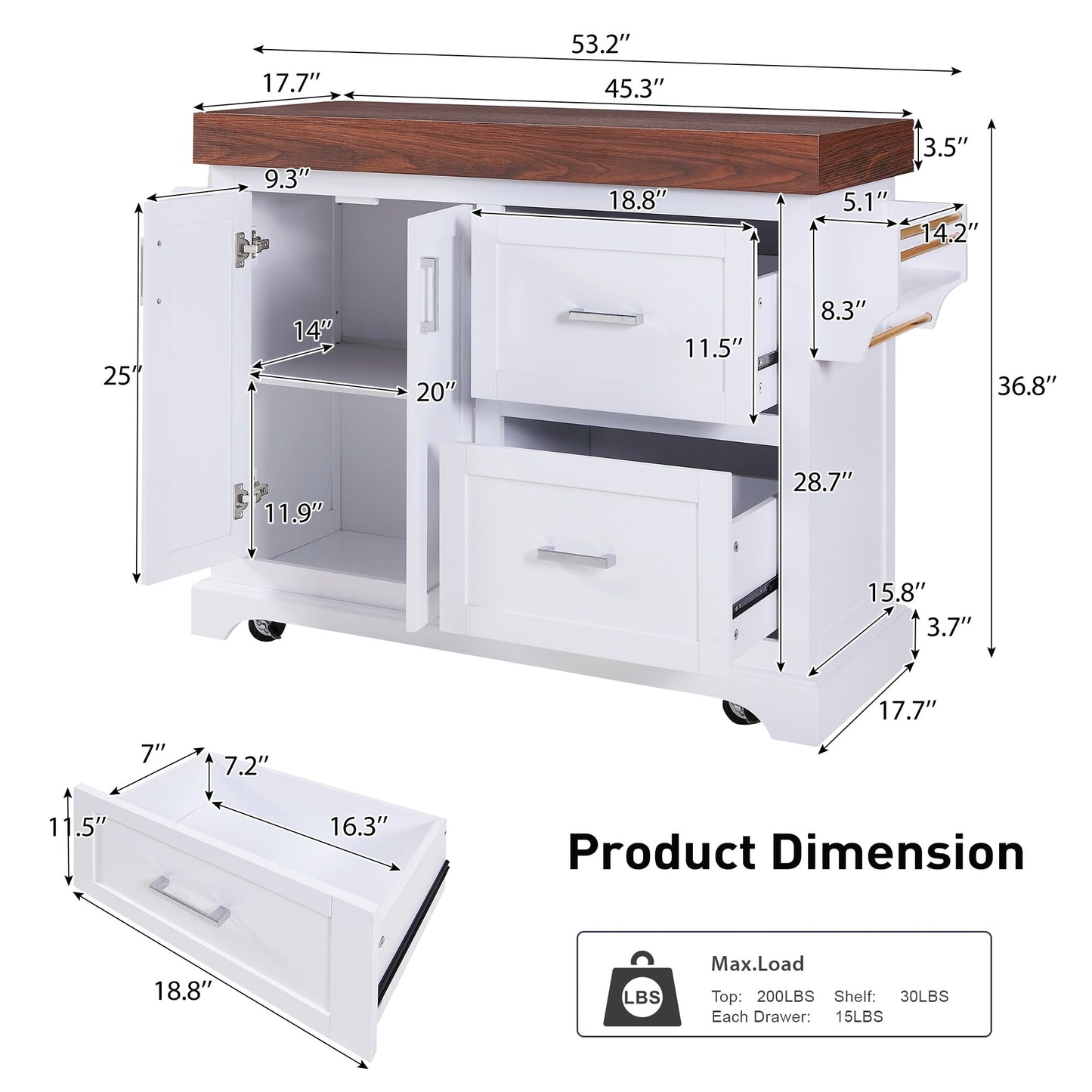 Trygoal 53" Large Kitchen Island with Ultra-Thick 3.5" Countertop, Heavy-Duty Rolling Storage Cart on 5 Wheels, 2 Extra-Large Drawers, Adjustable Cabinet Shelf, for Kitchen, White