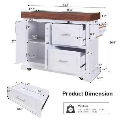 Trygoal 53" Large Kitchen Island with Ultra-Thick 3.5" Countertop, Heavy-Duty Rolling Storage Cart on 5 Wheels, 2 Extra-Large Drawers, Adjustable Cabinet Shelf, for Kitchen, White