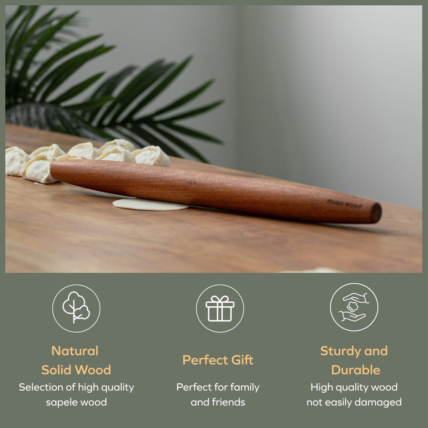 Muso Wood Sapele Wooden French Rolling Pin for Baking, Tapered Roller for Fondant, Pie Crust, Cookie, Pastry (French 15-3/4inch)