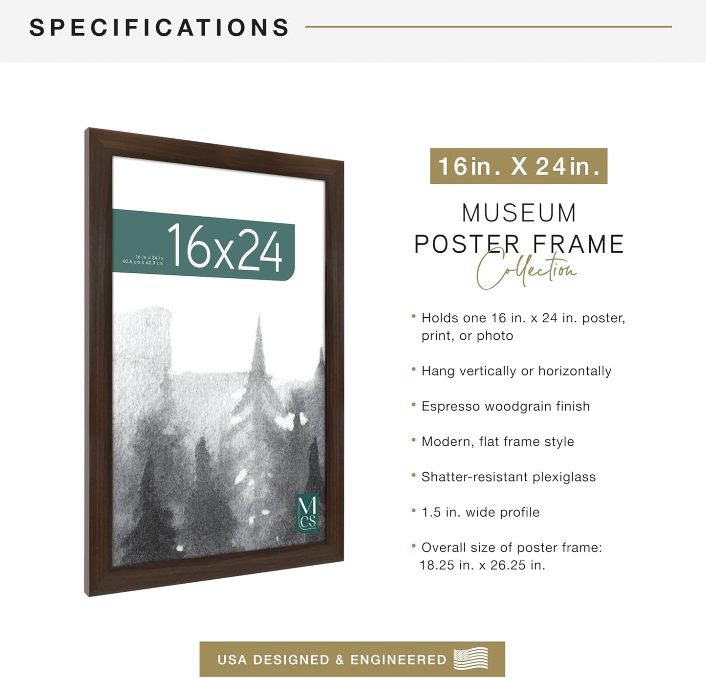 MCS Museum Poster Frame 16x24 Espresso Woodgrain, Vertical & Horizontal Large Picture Frame for Photos, Posters