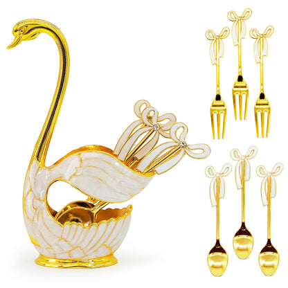 Coffee Dessert Spoon Fork Set, Swan Base Holder with 3 Spoons and 3 Forks, Coffee Dessert Sugar Flatware for Fruit Dessert Stirring Sugar Ice Cream (Gold)