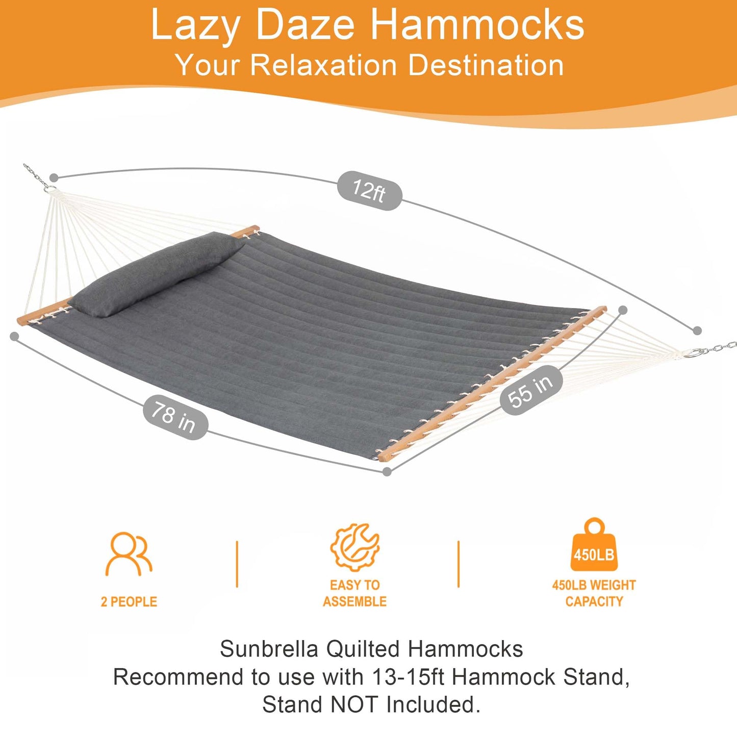 Lazy Daze Hammocks 12 FT Sunbrella Fabric Quilted Hammock Double Sunbrella Quilted Hammock with Spreader Bars & Pillow, All Weather and Fade Resistant for Outdoor, 450 lbs Capacity, Cast Slate