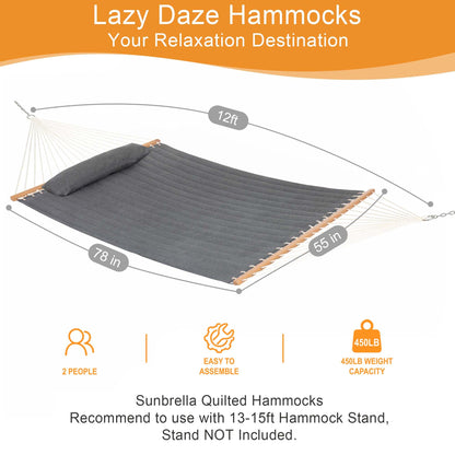 Lazy Daze Hammocks 12 FT Sunbrella Fabric Quilted Hammock Double Sunbrella Quilted Hammock with Spreader Bars & Pillow, All Weather and Fade Resistant for Outdoor, 450 lbs Capacity, Cast Slate